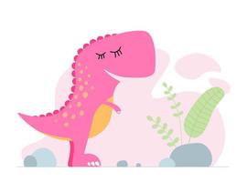 lindo dinossauro rosa. tipo sorridente bebê dinossauro tiranossauro. banner de impressão de design gráfico de bebê dos desenhos animados. design original criativo t-rex feminino. mão desenhando ilustração vetorial eps vetor