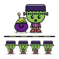 ilustração chibi fofa - conjunto de ilustração de arte de desenho animado de zumbi frankenstein fofo vetor