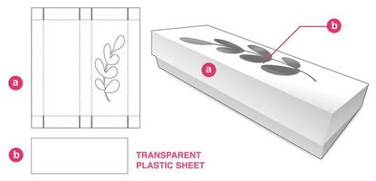 embalagem longa de padaria de papelão com janela de folhas e modelo de corte e vinco de folha de plástico transparente vetor