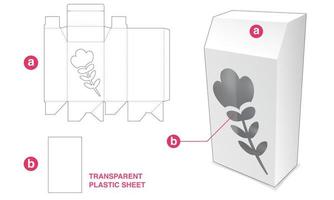 caixa chanfrada com janela de flor de ícone e modelo de corte e vinco de folha de plastídeo transparente vetor