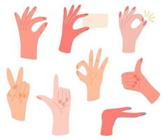 mãos diferentes grande conjunto. vários gestos. apontando as mãos, gesticulando linguagem de comunicação, designação de gesto de palma. ilustração vetorial plana isolada no fundo branco vetor