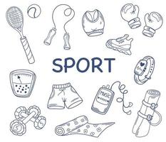 doodle de itens esportivos. bolas esportivas desenhadas à mão, raquetes, roupas, luvas de boxe, balanças, pular corda, jogador, relógios e halteres. fitness esportivo e conjunto de saúde. ilustração vetorial de desenho animado vetor