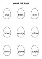 colorir os ovos de páscoa. planilha educacional para aprender cores. vetor