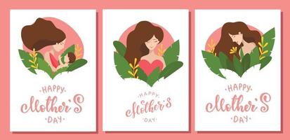 conjunto de cartões de dia das mães, cartazes, banners, estampas. ilustrações de mulheres com flores, bebê e coração são perfeitas para a saúde da mulher, maternidade, gravidez, cartazes e cartões feministas. eps 10 vetor