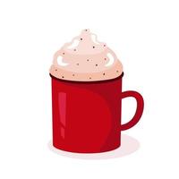 uma caneca vermelha com cacau ou café com chantilly e lascas de chocolate. ilustração vetorial fofa e aconchegante. para um cartão de férias, banner, menu, panfleto de cafeteria. vetor