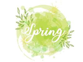 letras de primavera. ilustração vetorial com textura em um fundo branco. círculo em aquarela e folhas e galhos verdes. vetor