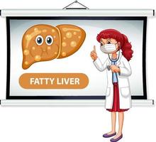 um personagem de desenho animado médico explicando fígado gordo vetor