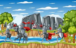 cena ao ar livre medieval com cavaleiros lutando vetor