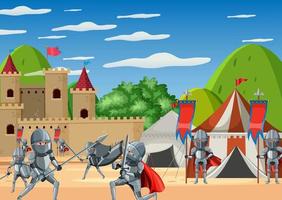 cena ao ar livre medieval com cavaleiros a cavalo vetor
