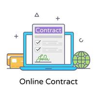 ícone de contorno plano de contrato on-line, acordo de negócios digital vetor