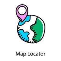 pino de localização com globo denotando ícone desenhado à mão do localizador de mapa vetor