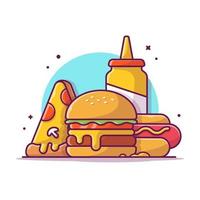 hambúrguer, cachorro-quente, pizza e mostarda cartoon vector ícone ilustração comida objeto ícone conceito isolado vetor premium. estilo de desenho animado plano