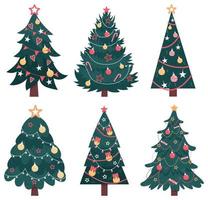 conjunto de árvores de Natal isoladas no fundo branco. coleção de árvore de natal decorada. ilustração plana vetorial desenhada à mão vetor