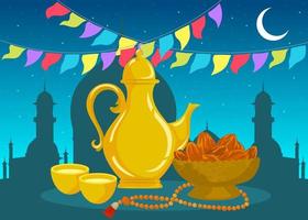 mês sagrado islâmico, ramadan kareem, tâmaras doces e caneca de café árabe. vetor