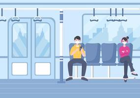 estação ferroviária com pessoas, cenário de transporte de trem, plataforma para partida e metrô interior subterrâneo em ilustração de cartaz de fundo plano