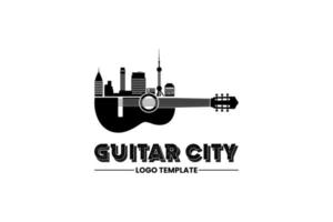 design de logotipo de guitarra e paisagem urbana vetor