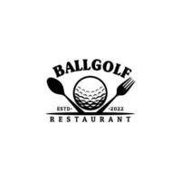 bar de golfe de restaurante com design de logotipo de garfo de colher cruzada e bola vetor