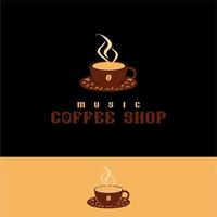 logotipo de música de xícara de café quente com ícone de grão de café e nota musical vetor