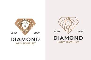 joias de diamante com logotipo de mulher de beleza. luxo lindo diamante e design de estilo de arte de linha vetor