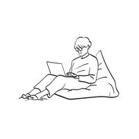 homem de arte de linha com óculos usando computador portátil na ilustração de volta do feijão mão desenhada isolada no fundo branco vetor