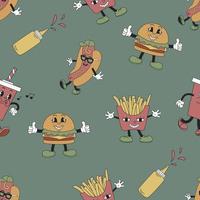 sem costura padrão com batatas fritas, hambúrgueres e cachorro-quente. personagens de mascote retrô. ilustração vetorial plana vetor