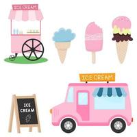 conjunto vetorial de objetos de sorvete. caminhão de sorvete, carrinho de sorvete, venda de sorvete, quadro de giz plano preto vetor