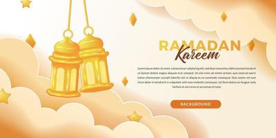 conceito de ramadan kareem. cabeçalho de banner com lanterna árabe fanous dourada fofa 3d para evento islâmico com nuvem e cor clara vetor