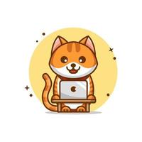 gato bonito trabalhando na ilustração de ícone de vetor dos desenhos animados de laptop. animal tecnologia ícone conceito isolado vetor premium. estilo de desenho animado plano