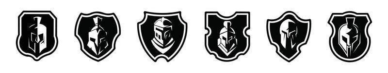conjunto de ícones de logotipo preto de escudo espartano plano projeta ilustração vetorial em um fundo branco