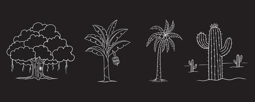 conjunto de várias árvores desenhadas à mão clipart de vetor em fundo preto