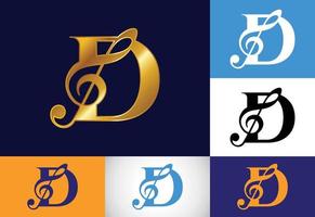alfabeto inicial do monograma d com uma nota musical. sinais sinfônicos ou melódicos. símbolo de sinal musical. vetor