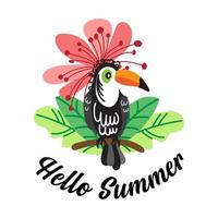 Olá cartão de verão. ilustração em vetor de um tucano pássaro tropical brilhante, flores exóticas e folhas de palmeira.