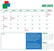 modelo de calendário simples mei 2022. semana começa na segunda-feira. domingo em destaque. com feriados na Indonésia em destaque. ilustração vetorial eps 10, sem transparência, sem gradientes vetor