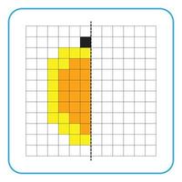 imagem reflexão jogo educativo para crianças. aprenda a preencher planilhas simétricas para atividades pré-escolares. páginas de grade para colorir, percepção visual e pixel art. finalize o maracujá. vetor