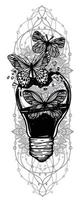 tatuagem arte lâmpada quebrada e borboleta desenho esboço preto e branco vetor
