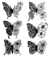 conjunto de arte de tatuagem borboleta flor asas esboço preto e branco vetor