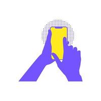 mão segurando a ilustração vetorial de design plano de smartphone com cor roxa e amarela sobre fundo branco vetor