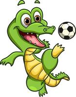 o crocodilo feliz está jogando futebol e chutando a bola vetor