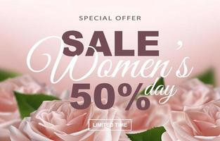oferta especial. banner de venda do dia da mulher com flores rosas realistas e decoração de texto com desconto de publicidade. ilustração vetorial vetor