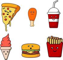 conjunto de ícones coloridos de fast food dos desenhos animados vetor