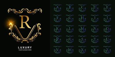 letra r ou alfabeto inicial de coleção com modelo de logotipo dourado de moldura floral ornamento de luxo. vetor