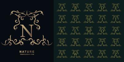 letra n ou alfabeto inicial de coleção com modelo de logotipo dourado de moldura floral ornamento de luxo. vetor