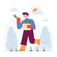 ideia de ilustração vetorial de conceito de jardinagem para modelo de página de destino, agricultura orgânica como alimentos cultivados, colheita de plantas usando verde e natureza ecológica, agricultura, comida local, estilo plano desenhado à mão vetor