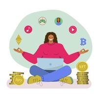 uma artista feminina da nft por trás de um laptop vende peças de arte on-line por moeda, bitcoin. ilustração vetorial em estilo simples. vetor