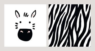 rosto de zebra e padrão de pele de zebra. cartão desenhado à mão com cara de zebra fofa e padrão africano. plano de fundo sem emenda. personagem animal zebra infantil. pôster de bebê, arte de parede de berçário, cartão, decoração de quarto.