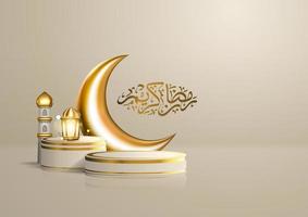 celebração islâmica 3d realista com ramadan kareem em caligrafia árabe e pódio de produto. ilustração de ramadan kareem para publicidade, vendas, compras on-line e marketing vetor