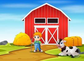 feliz pequeno agricultor e vaca na fazenda vetor