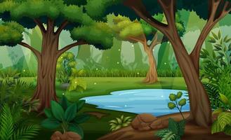 cena da floresta com árvores e ilustração de lagoa vetor