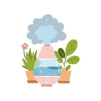 umidificador elétrico, eletrodomésticos e dois vasos de plantas. ilustração em vetor plana dos desenhos animados isolada no fundo branco.