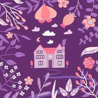 noite quente de primavera na aldeia. design de pôster rústico desenhado à mão com casa velha e moldura de flores enormes. ilustração em vetor plana bonitinha.